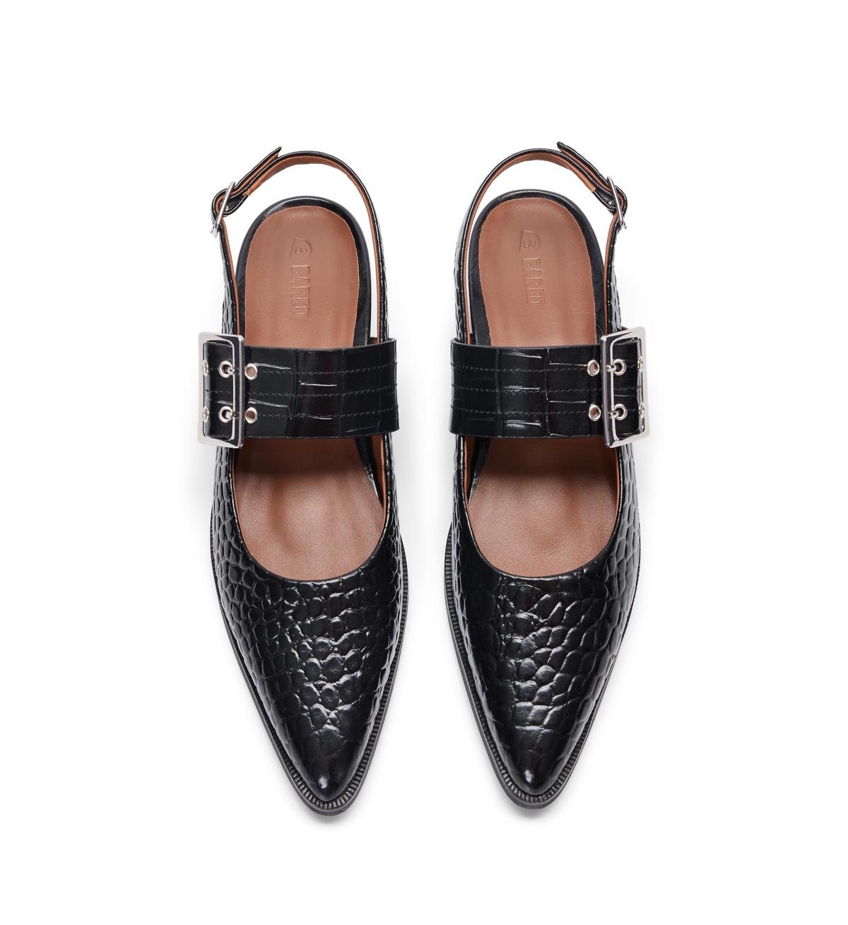 Sunbeam Black Croc Emboss Leather Flats with statement buckle front