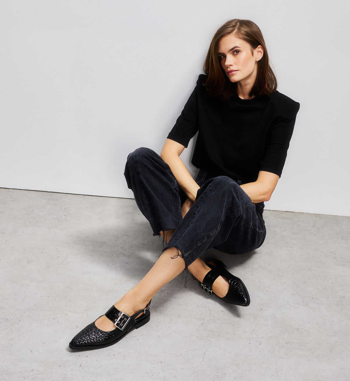 Woman wearing Sunbeam Black Croc Emboss Leather Flats