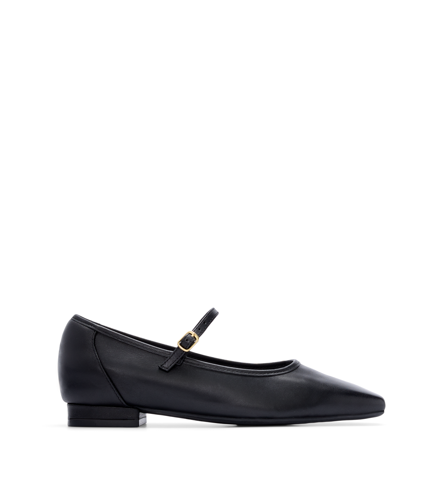 Black leather ballet flat with a Mary Jane strap and gold hardware, featuring a low heel and a squared-off toe.
