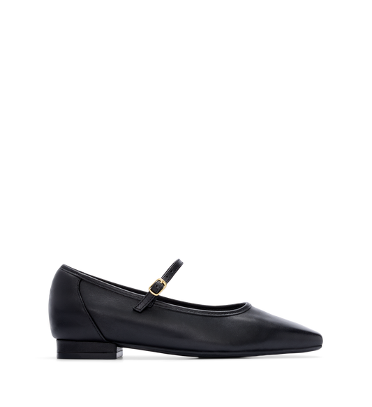 Black leather ballet flat with a Mary Jane strap and gold hardware, featuring a low heel and a squared-off toe.