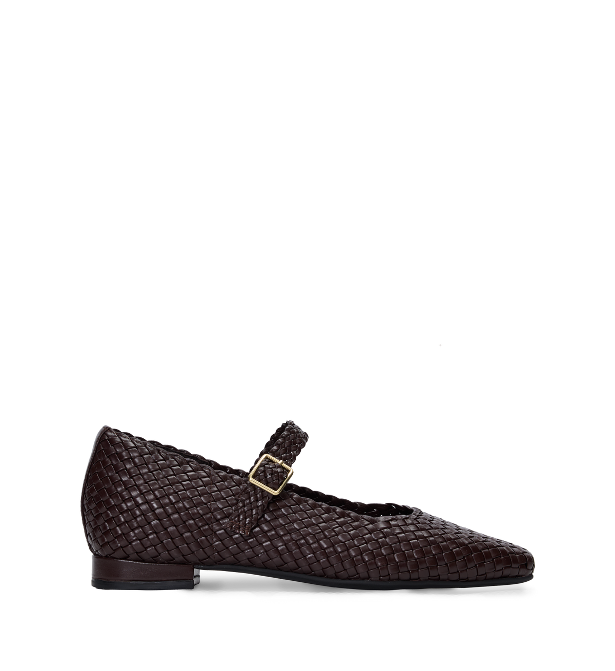 Brown woven flat shoe with a gold buckle on a white background