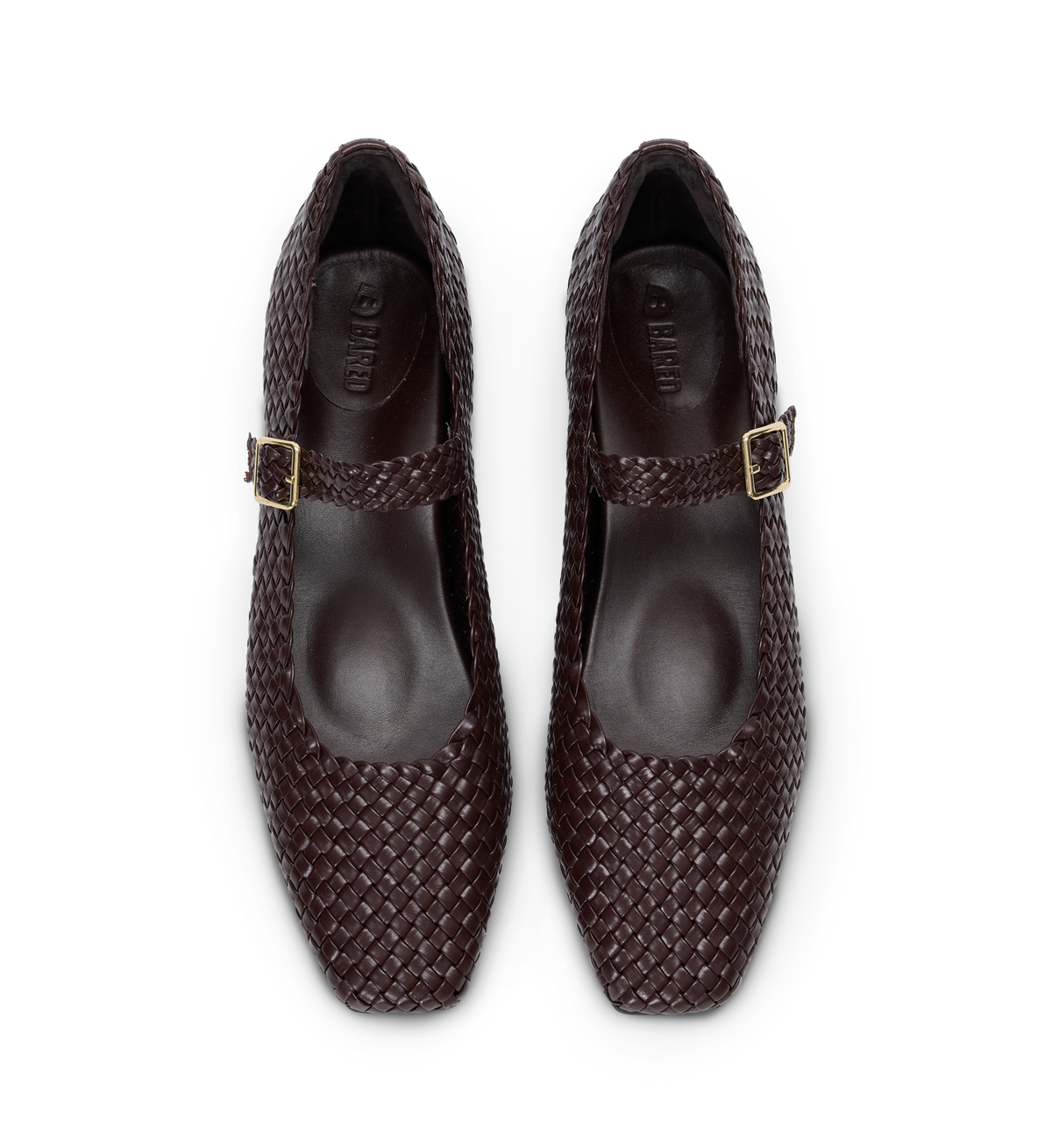 Pair of brown woven shoes with gold buckles on a white background