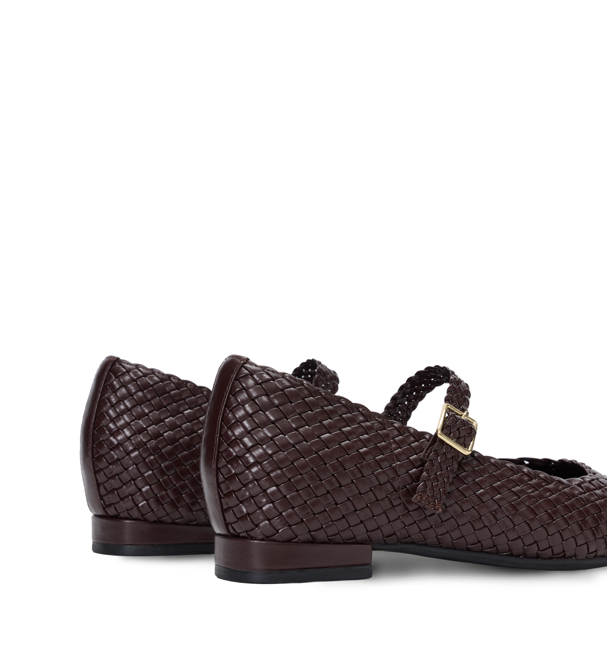 Brown woven ballet flats with a buckle on a white background