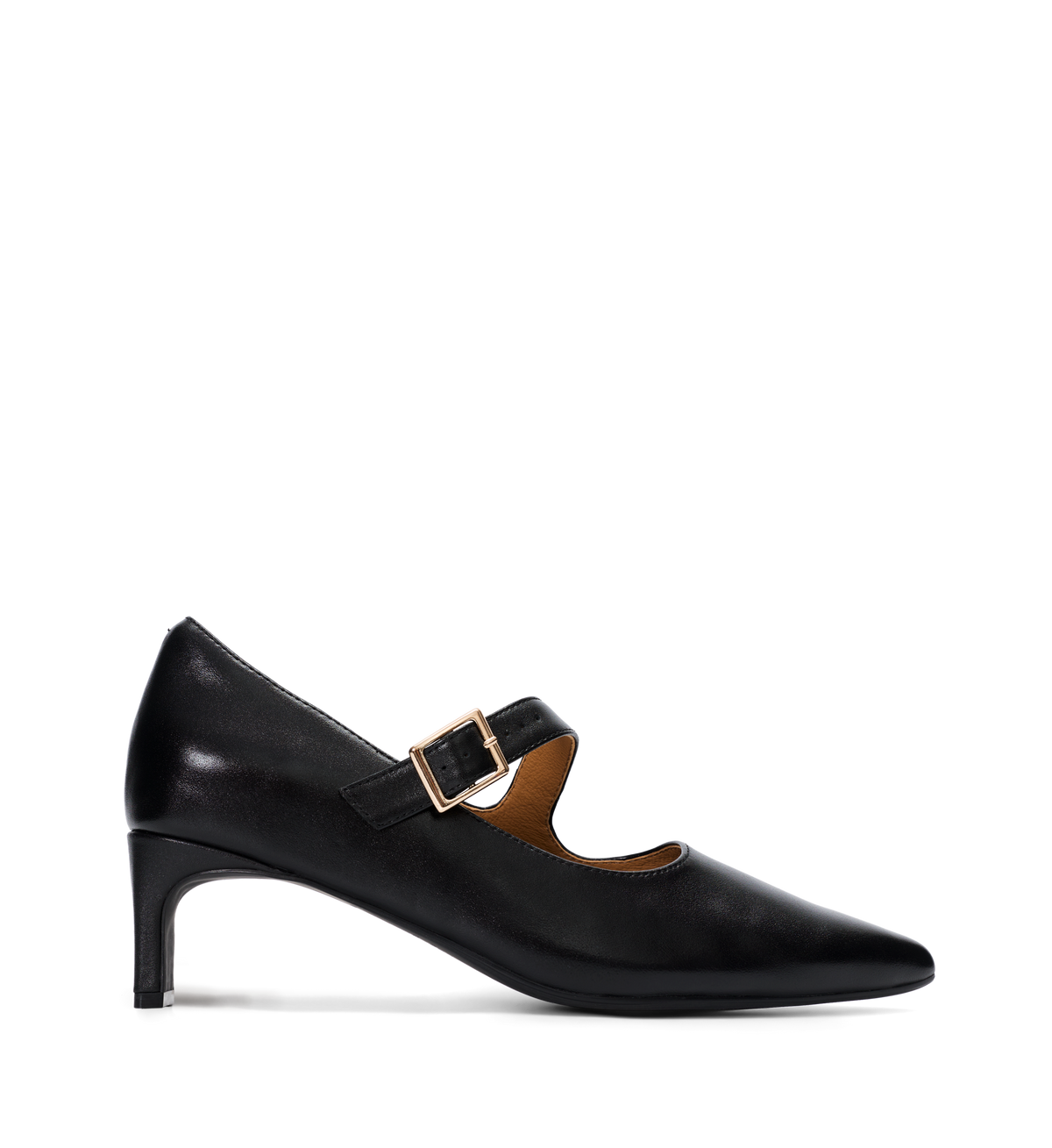 Black leather heel with a gold buckle on a white background