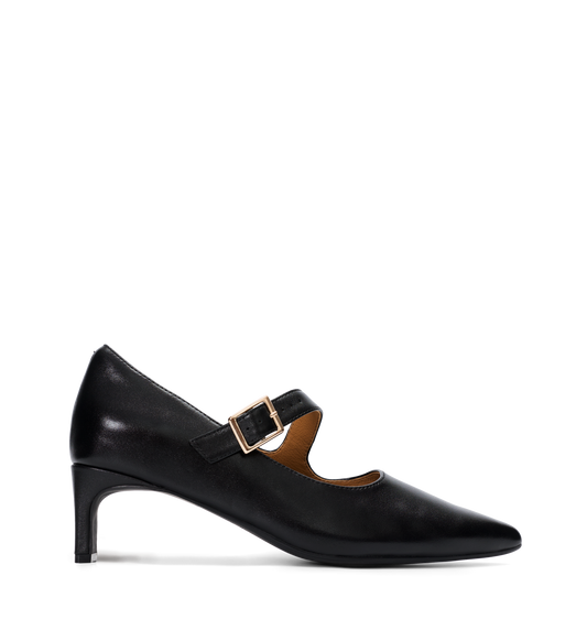 Black leather heel with a gold buckle on a white background