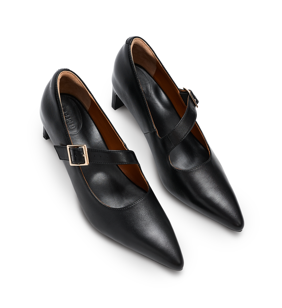 Pair of black heels with a strap on a white background