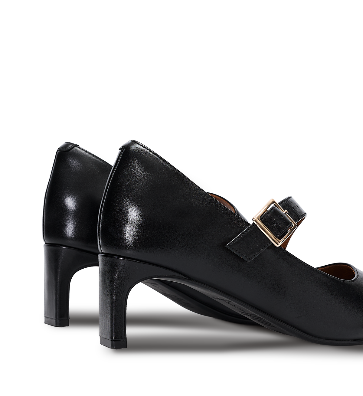 Black high-heeled shoes with a strap on a white background