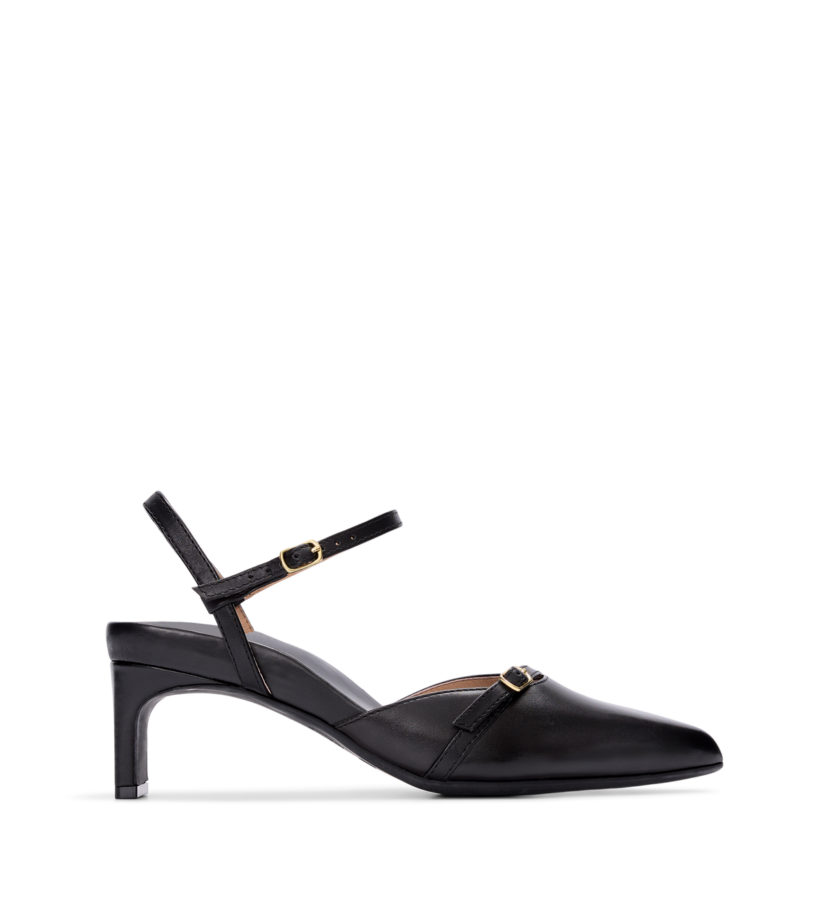 Black leather low heel slingback shoe with a pointed toe and gold hardware.