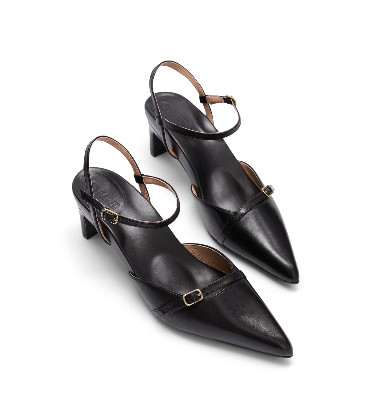pair of womens black heels with pointed toe and ankle strap