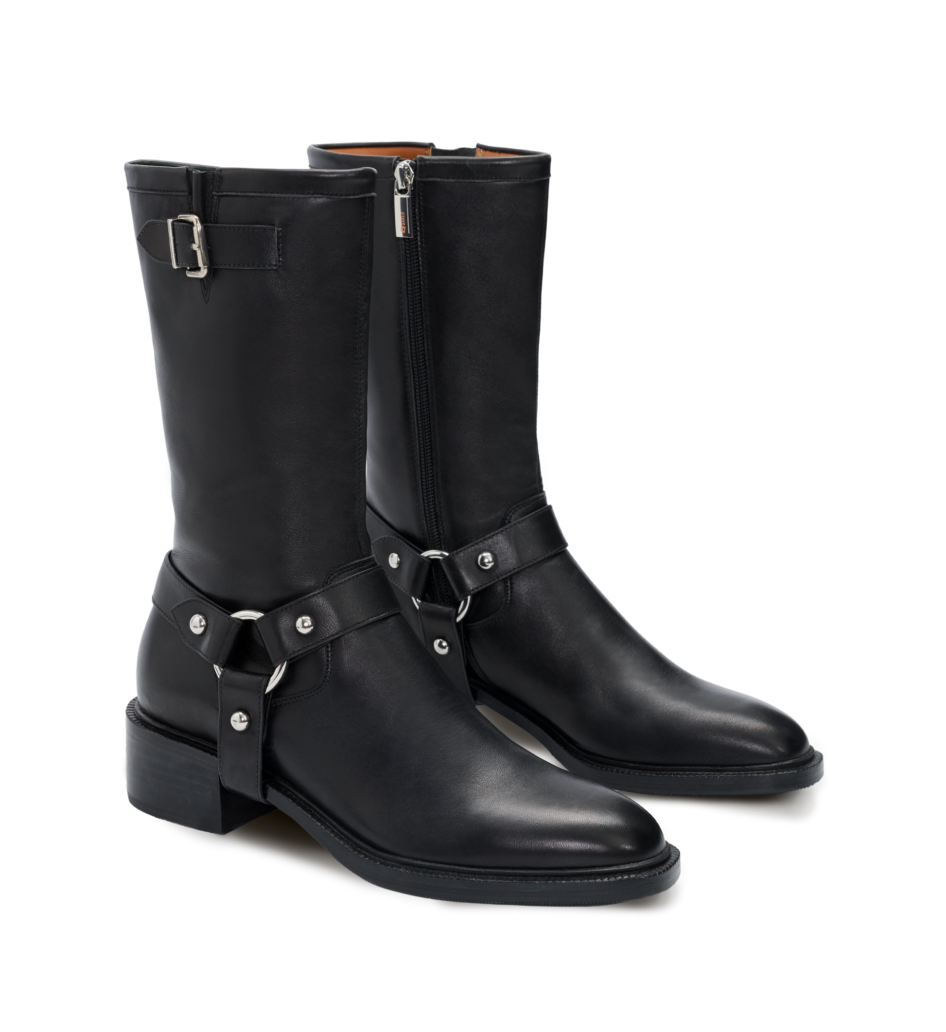 Pair of black leather boots with buckles on a white background