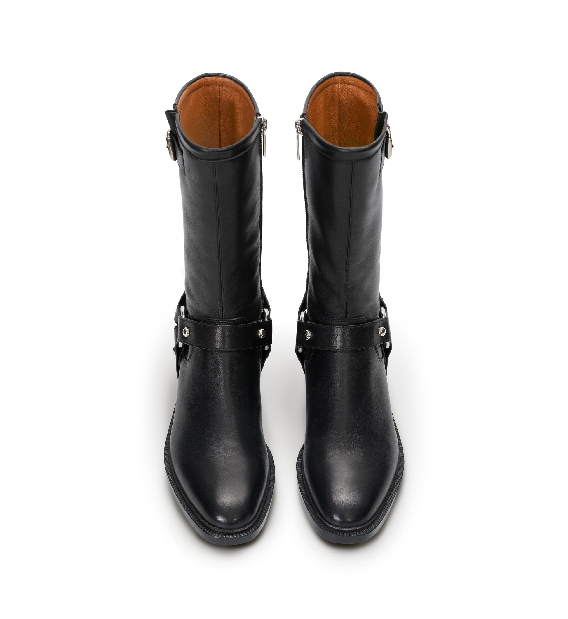 Pair of black leather boots with brown interior on a white background