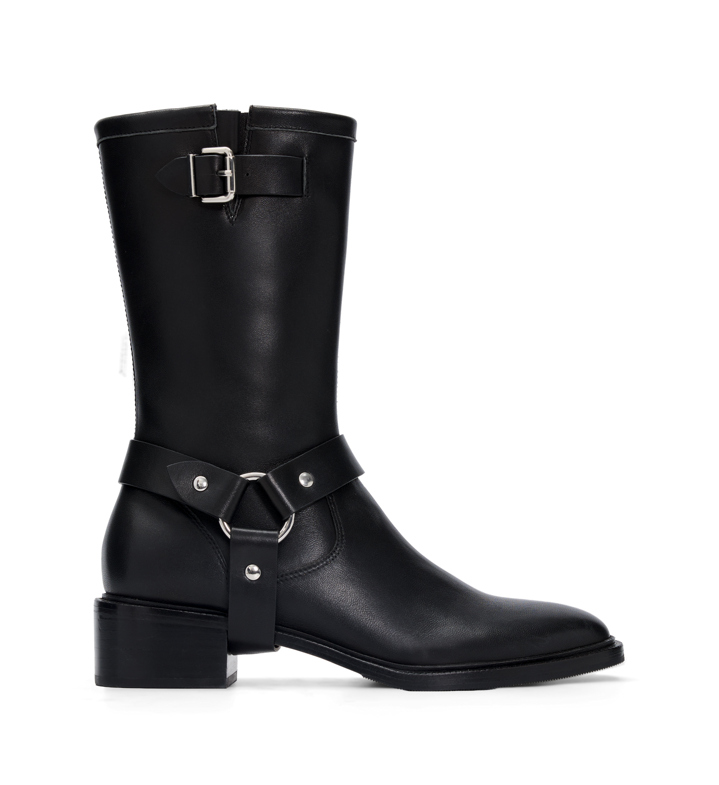 Black leather boot with silver buckles on a white background
