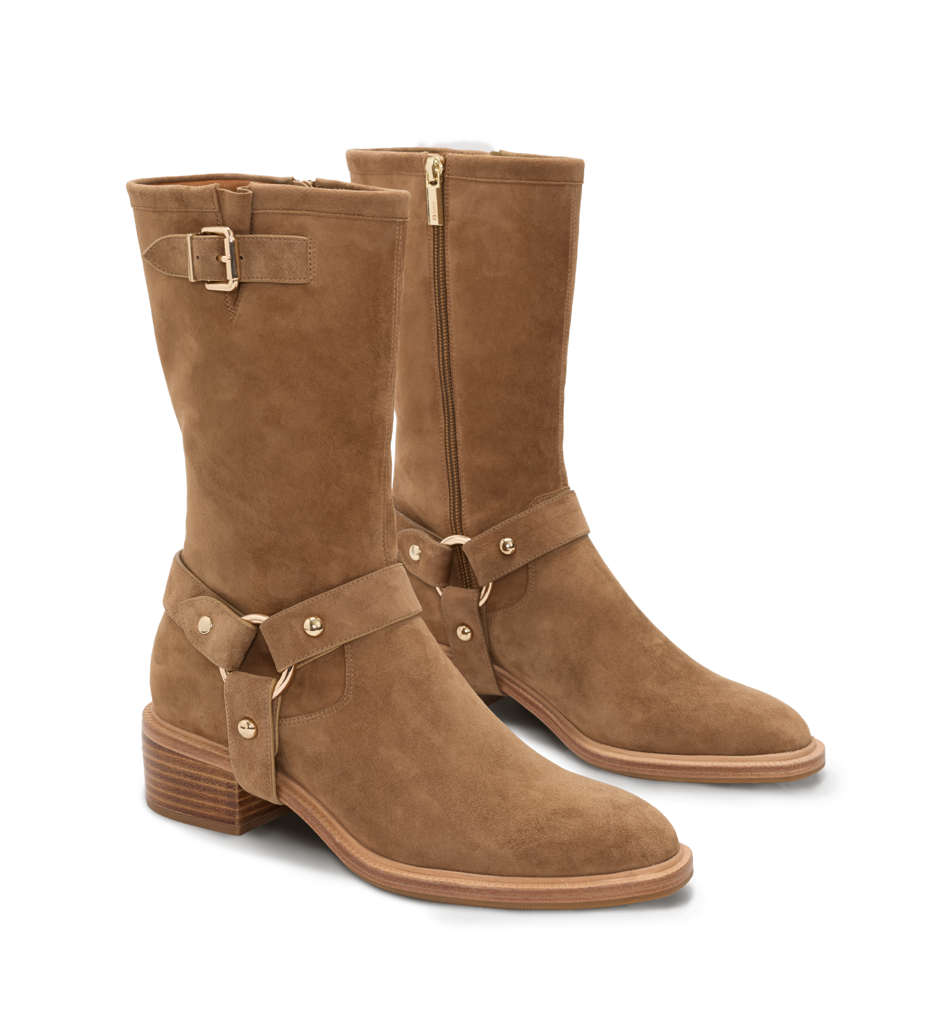 Pair of brown suede boots with gold buckles on a white background