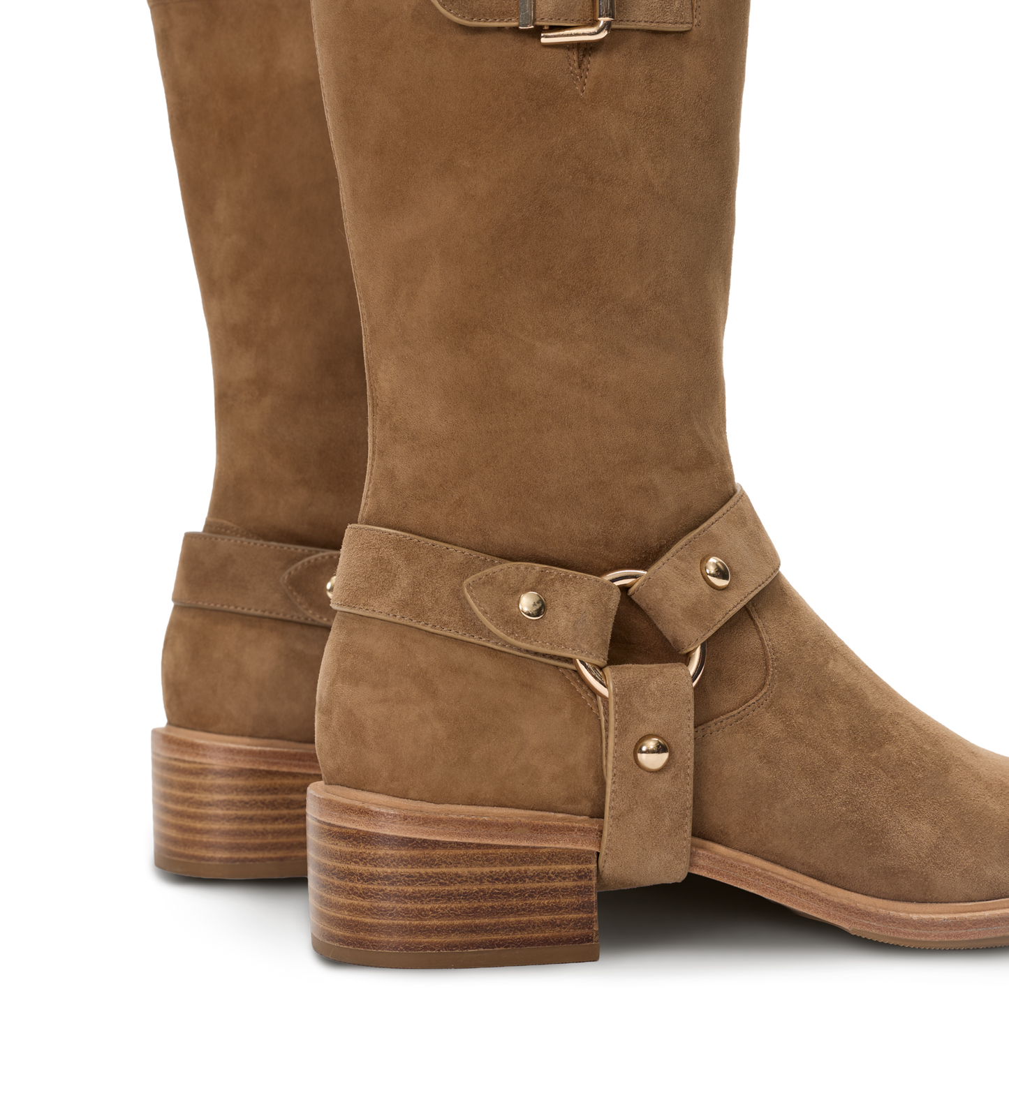 Brown suede knee-high boots with buckles on a white background