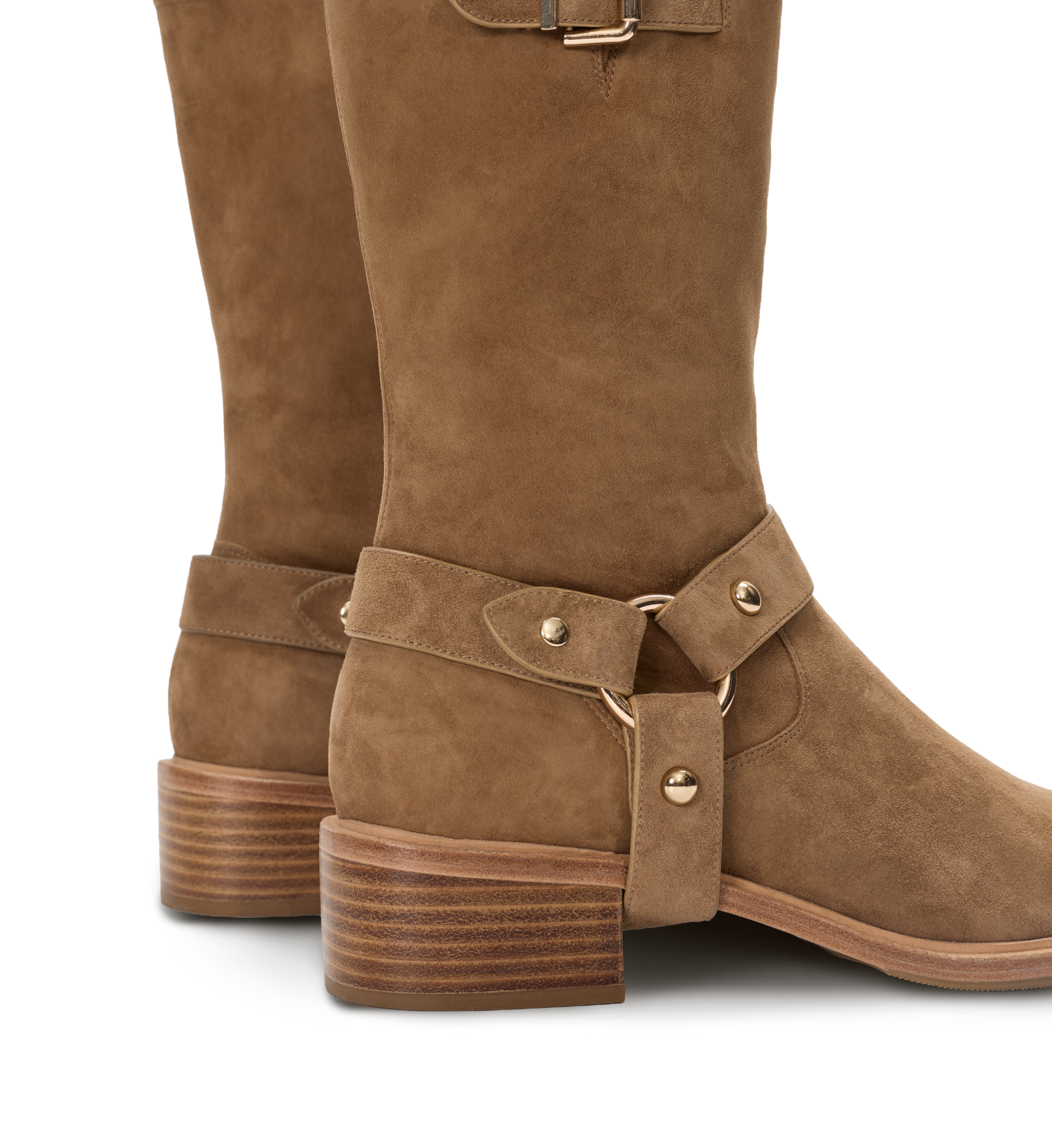 Brown suede knee-high boots with buckles on a white background