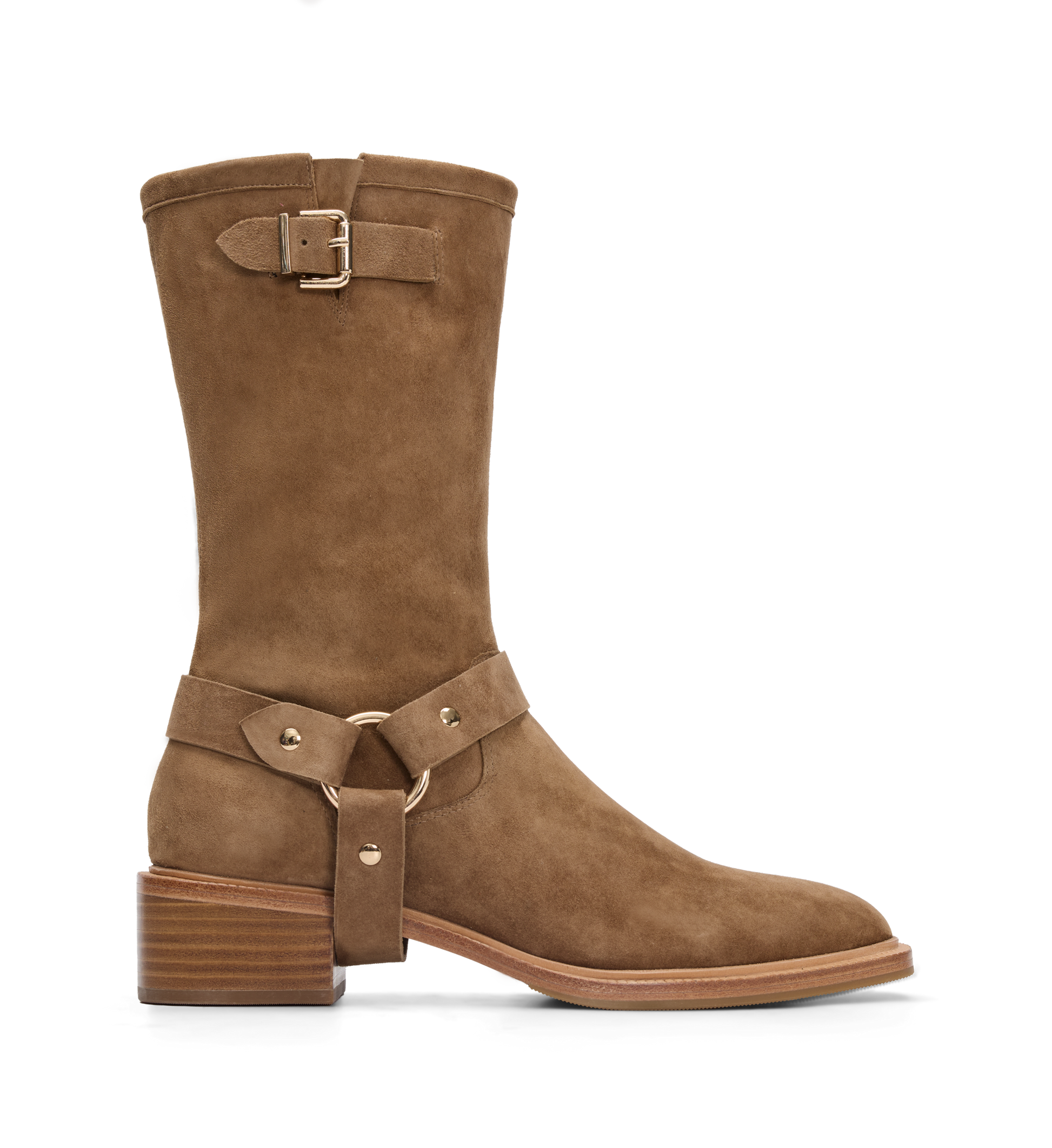 Brown suede biker boot with gold buckles on a white background