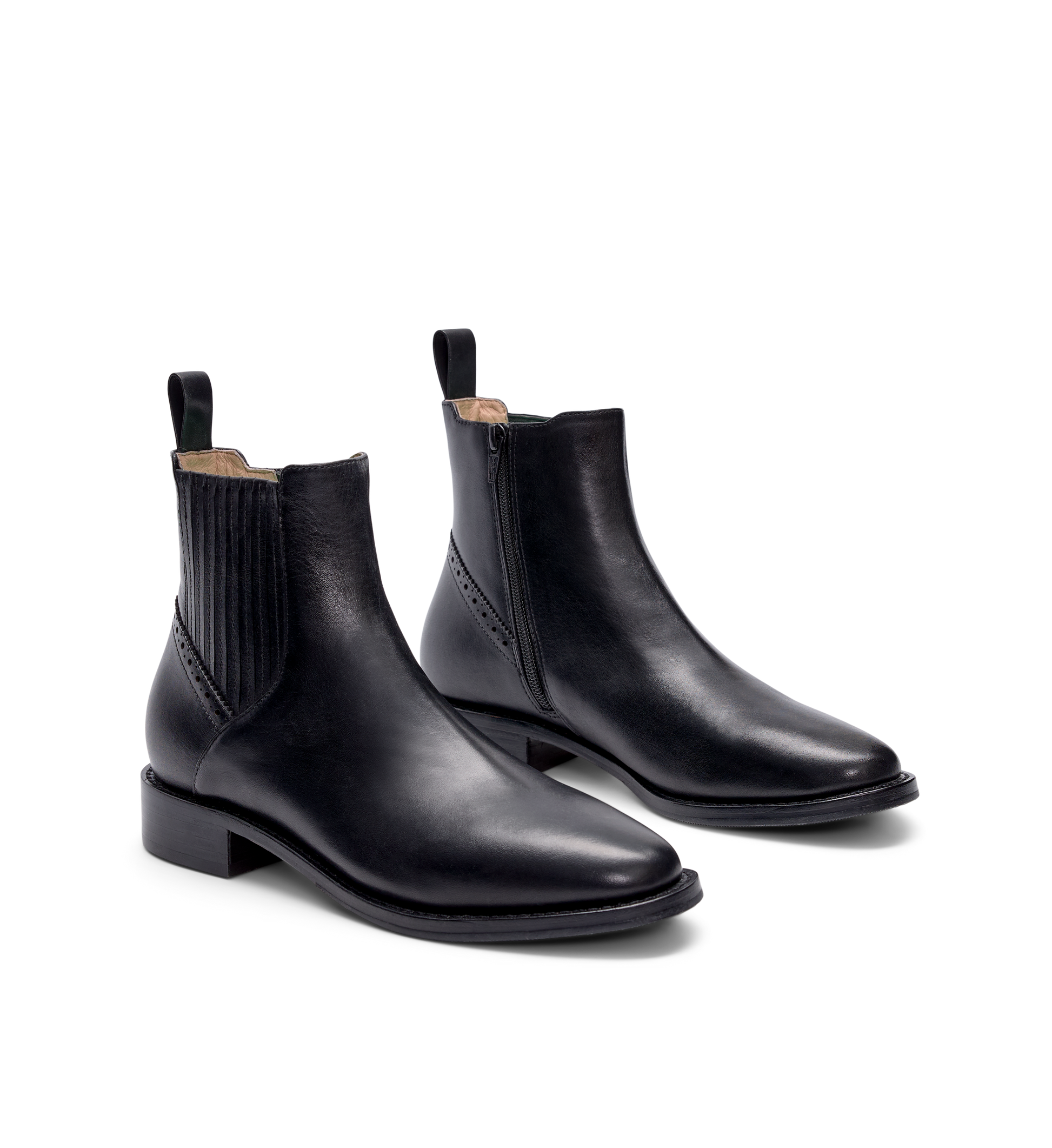 pair of womens black chelsea boots with side zip and back pull tabs