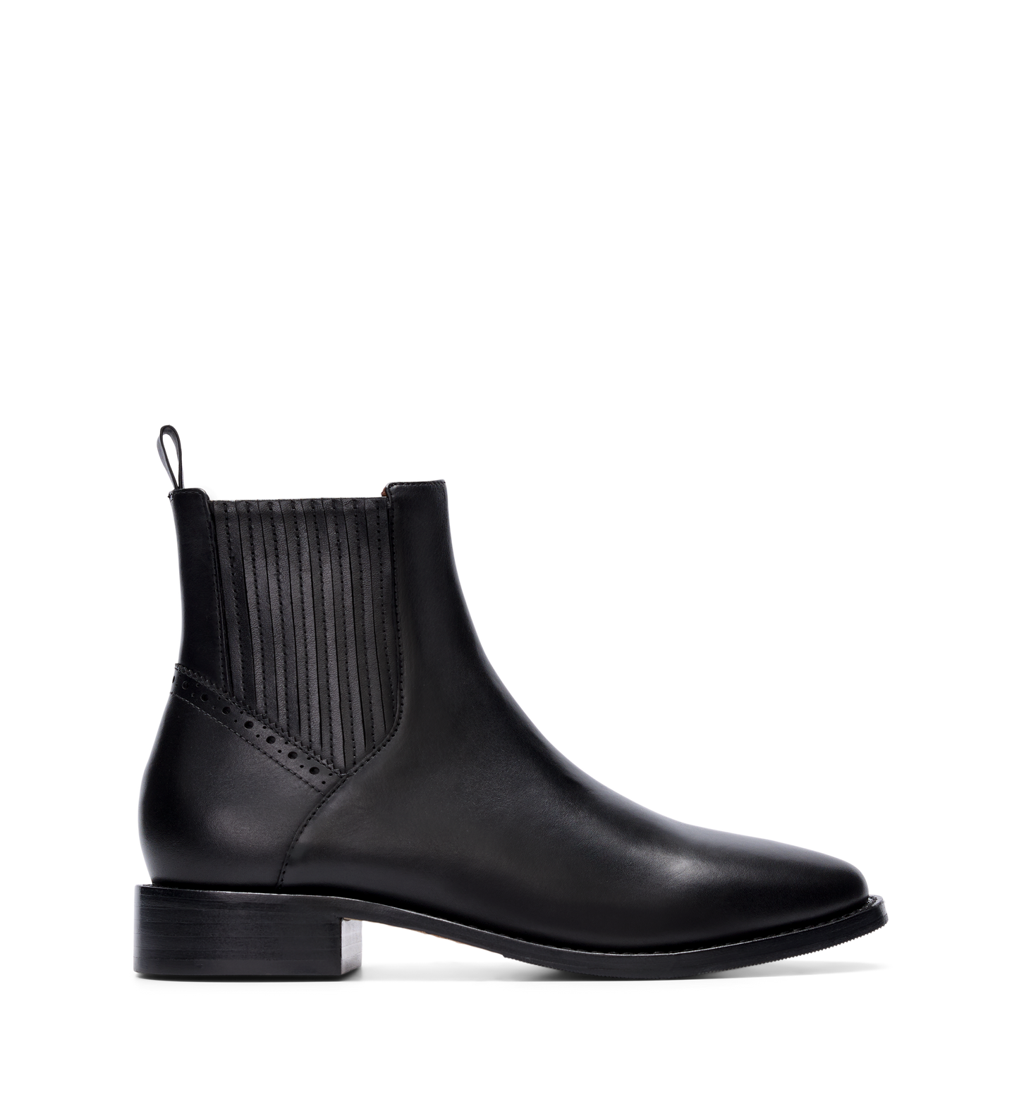 Black leather ankle boot with a rounded toe and low heel, featuring an inner side zip and elastic panels.