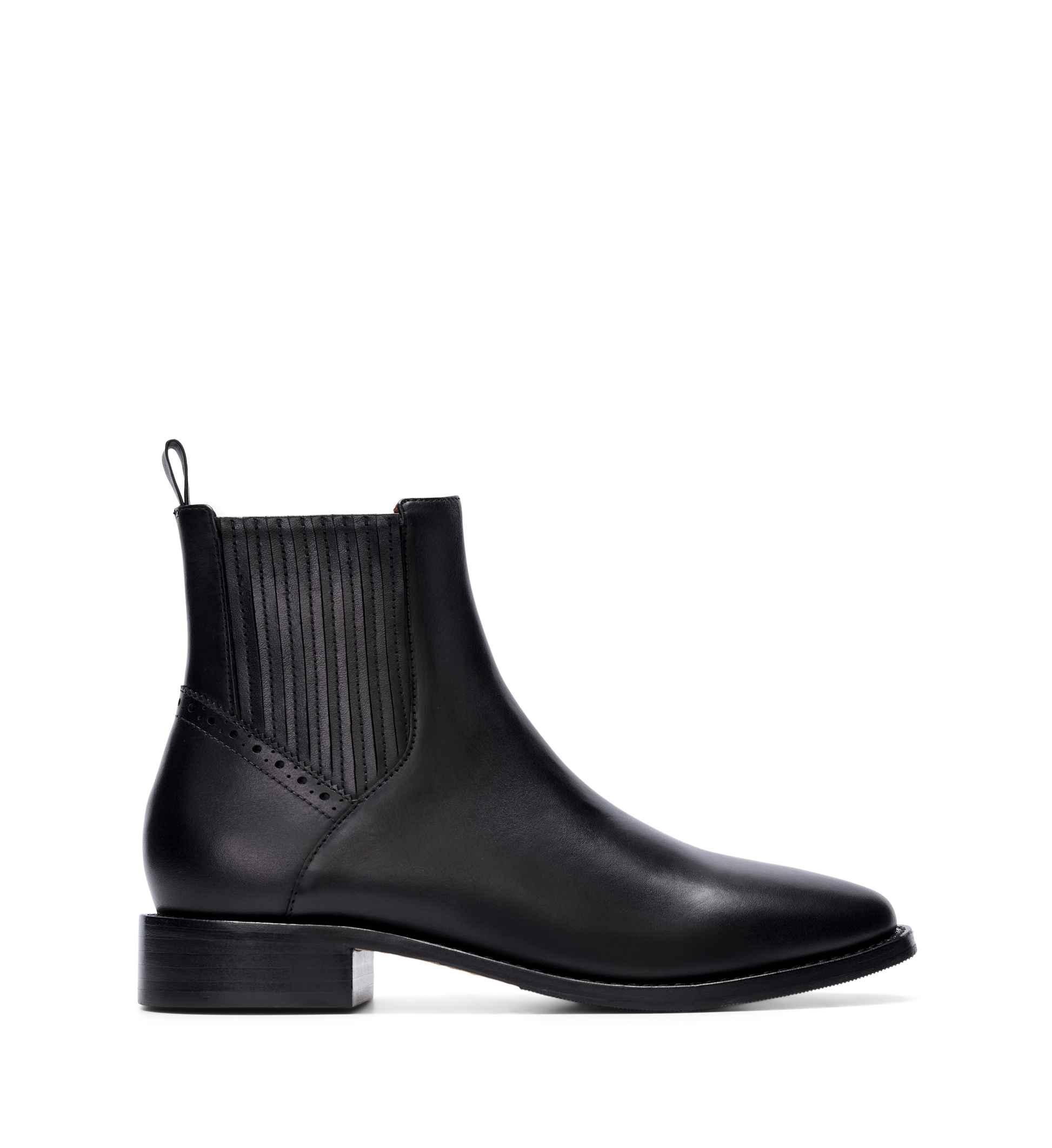 Black leather ankle boot with a rounded toe and low heel, featuring an inner side zip and elastic panels.
