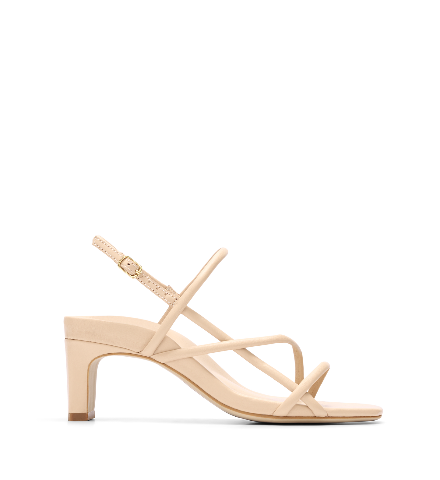 A beige strappy low heel sandal with an ankle strap and gold hardware.