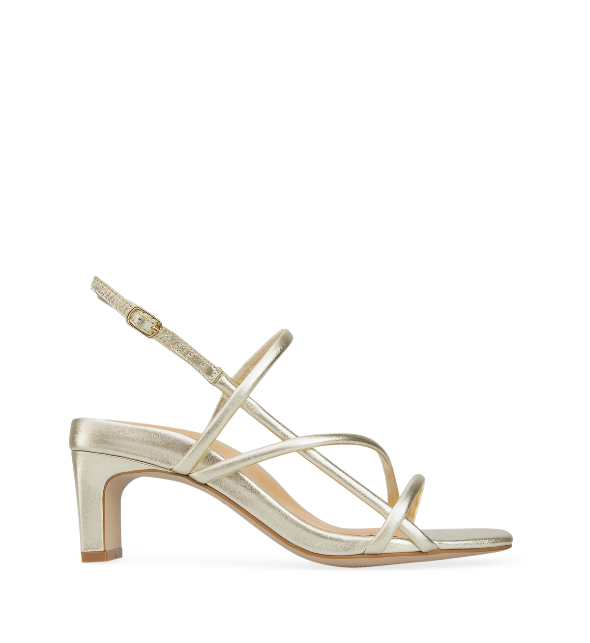 A gold leather heel with slim criss-cross straps and a square toe.