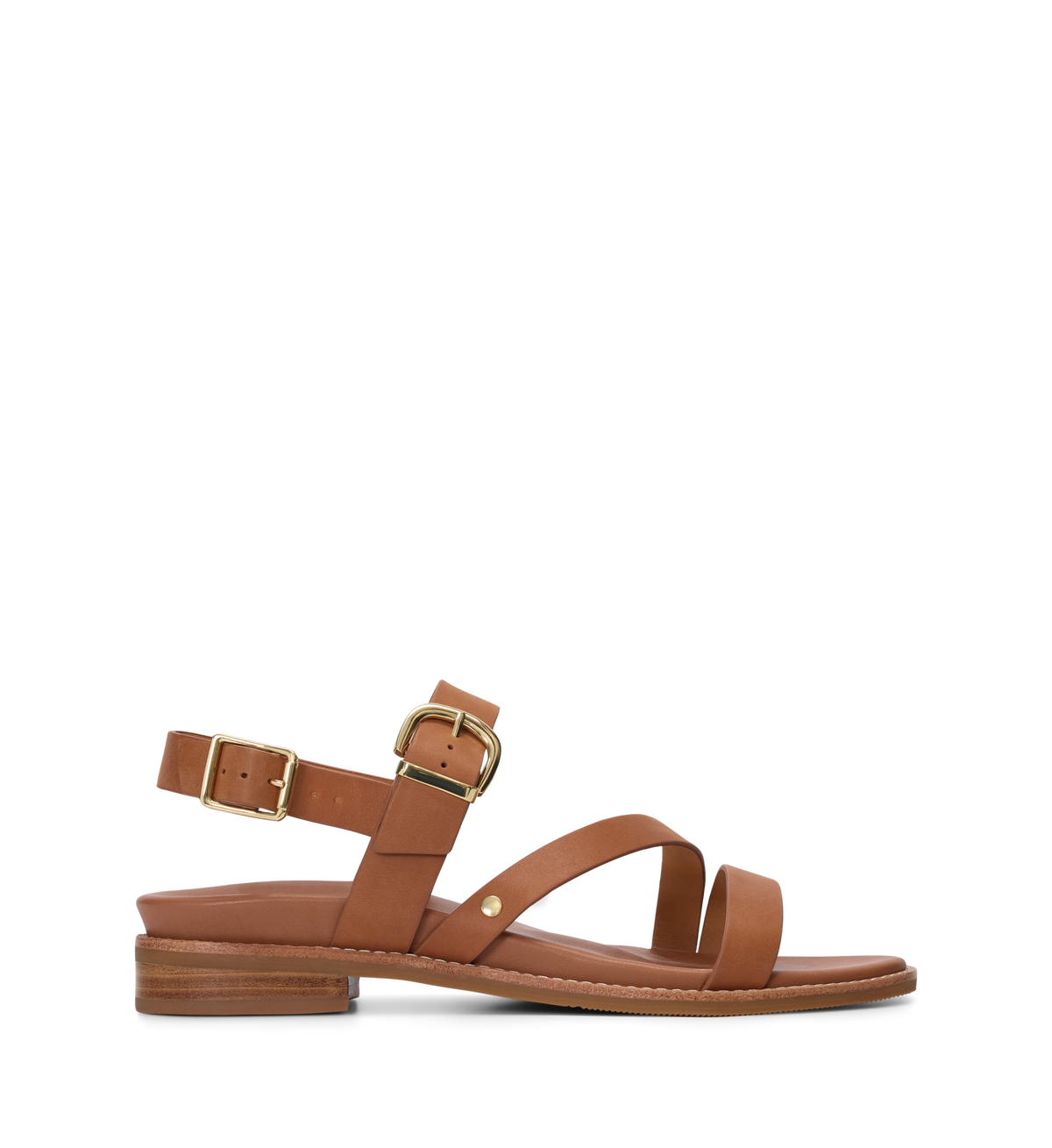Brown sandal with gold buckle on a white background