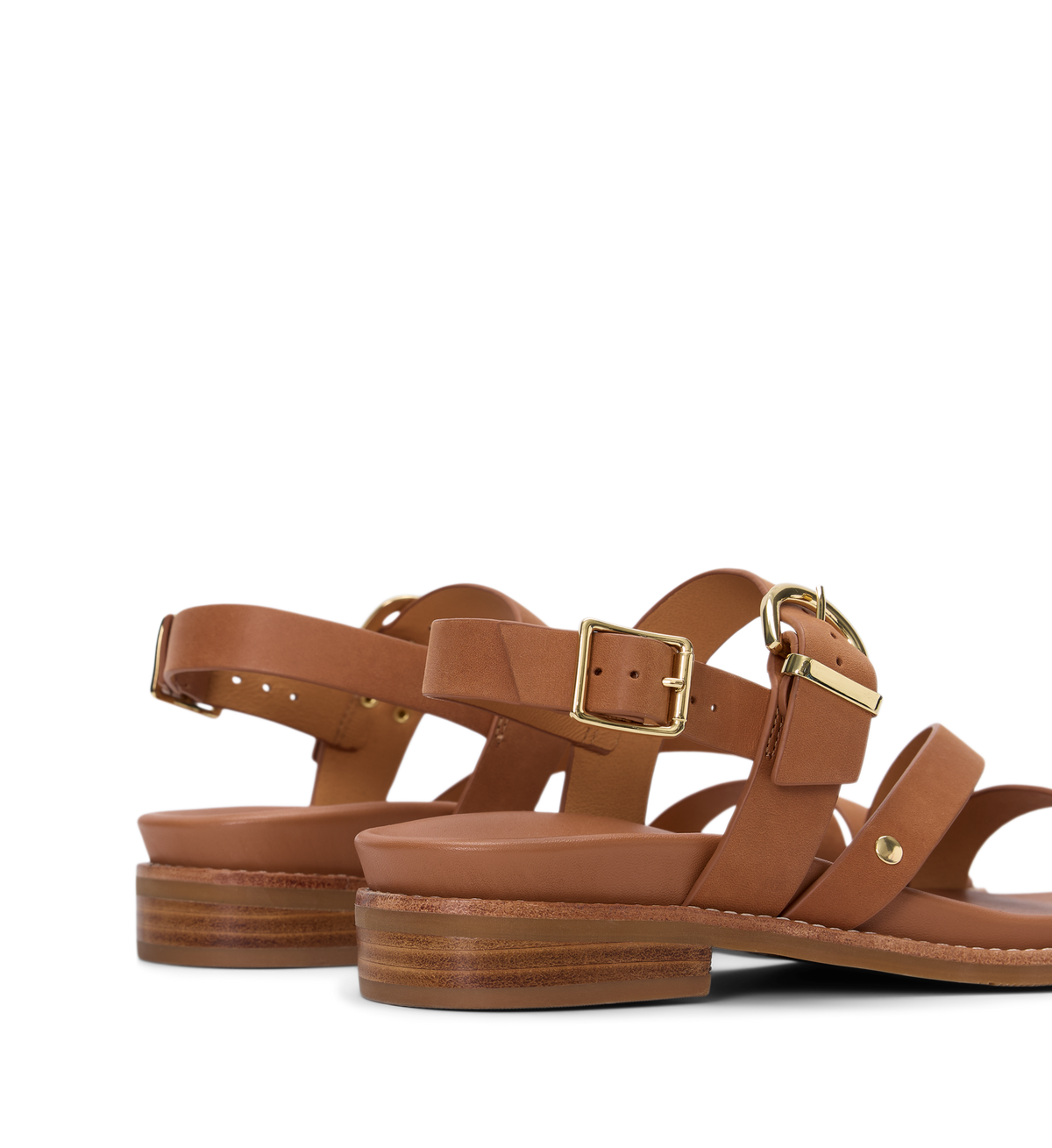 Pair of brown sandals with gold buckles on a white background