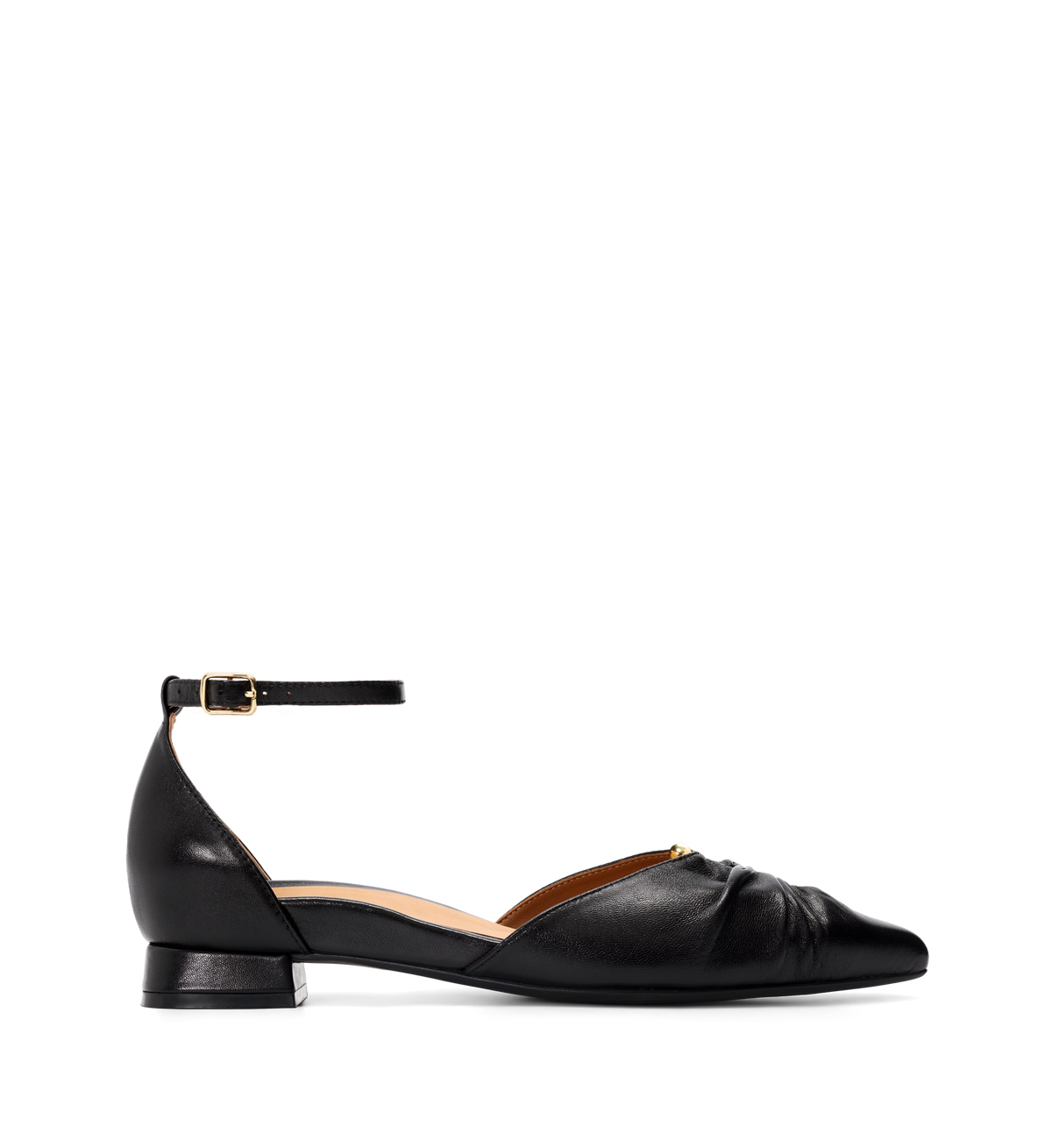 Black flat shoe with an ankle strap on a white background