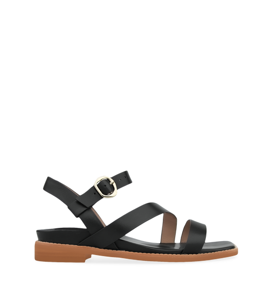 Twite Black Leather Flat Sandals