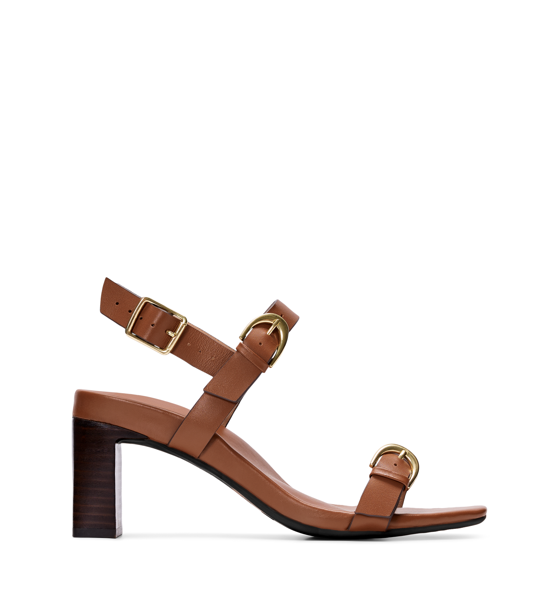 Brown heels with gold buckles on a white background