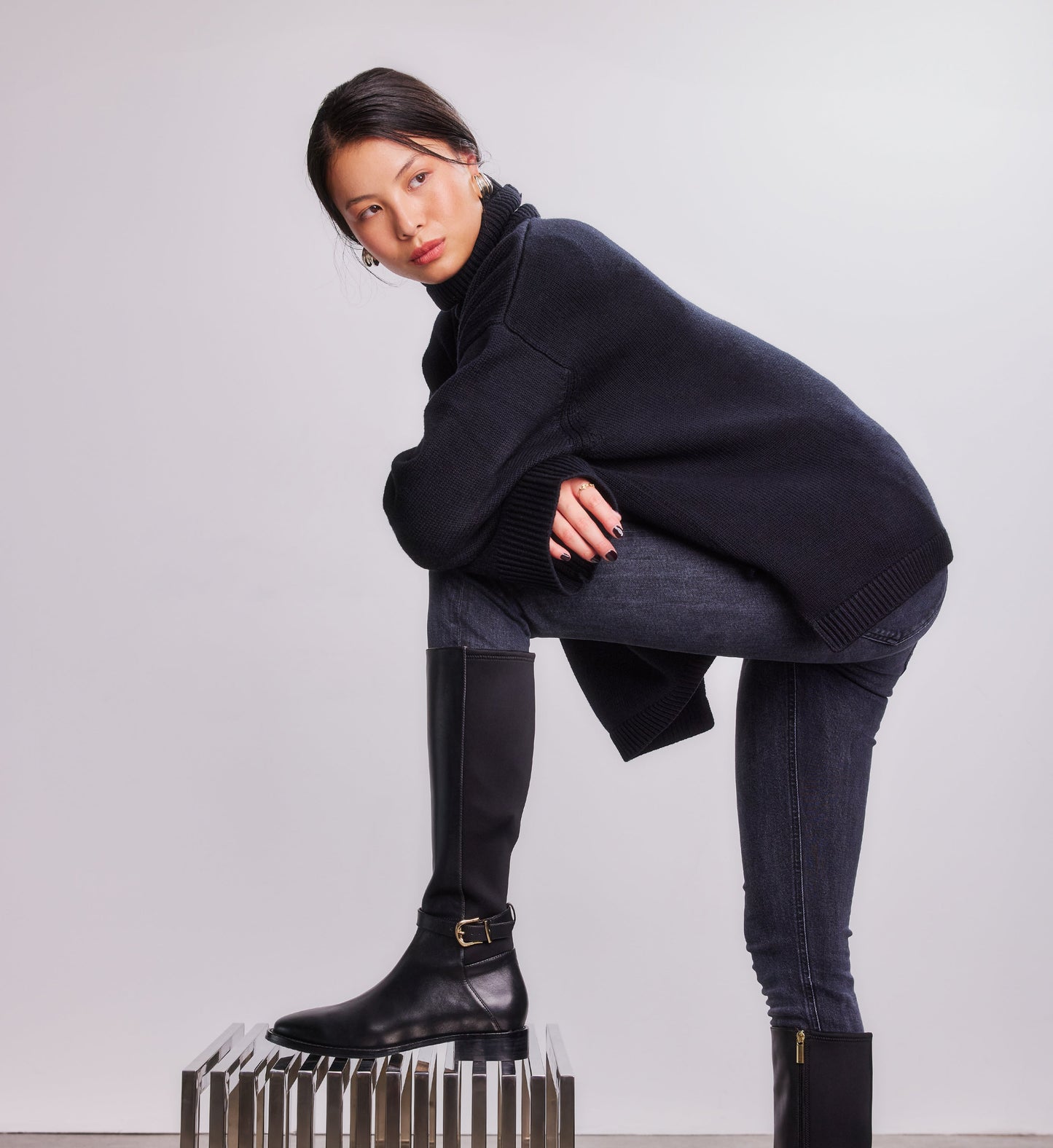 Vulture Black Leather & Neoprene Knee High Boots