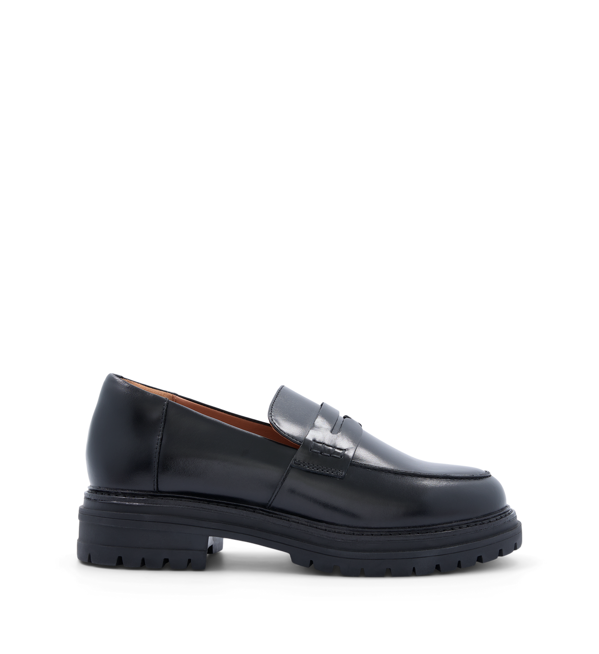 Black leather penny loafer with a chunky sole and rounded toe. The shoe is displayed against a plain background.