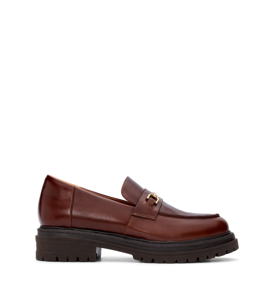 A brown leather loafer with a chunky rubber sole and a biometric footbed.