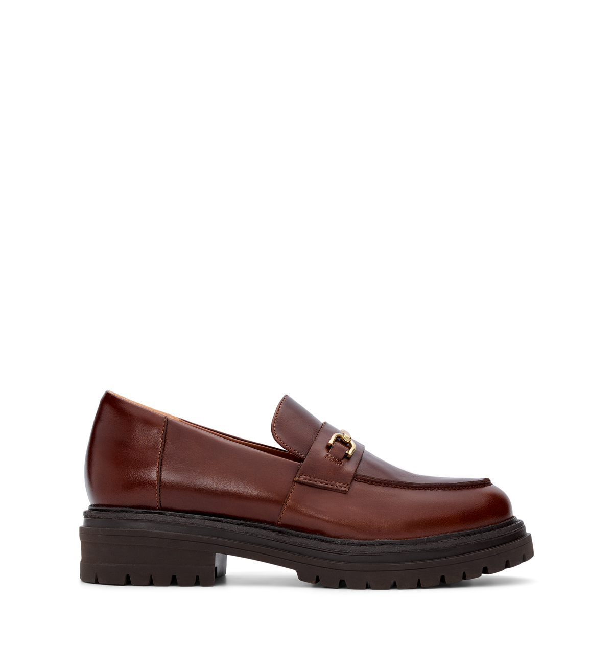 A brown leather loafer with a chunky rubber sole and a biometric footbed.