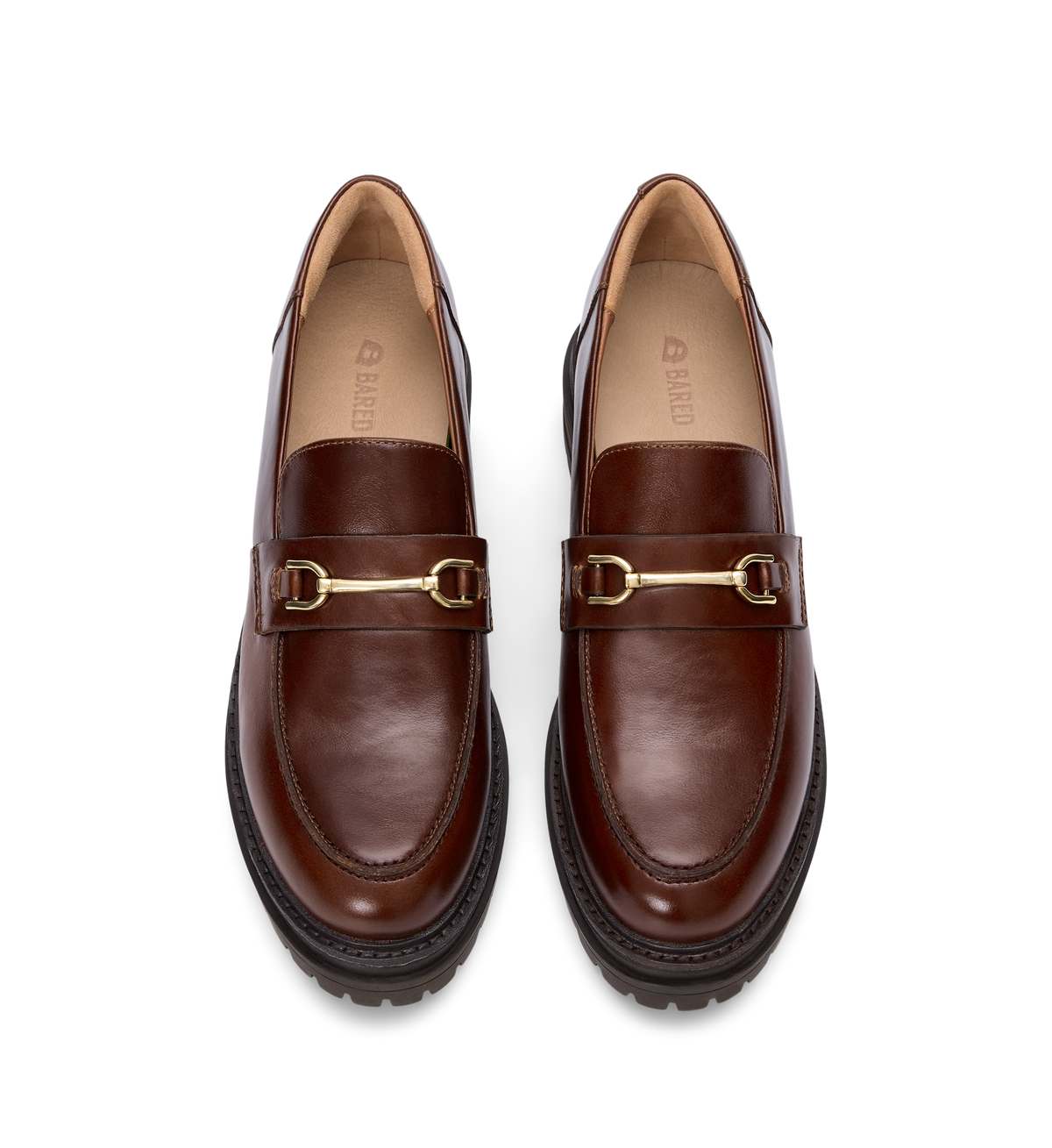 pair of womens brown loafers with gold detail