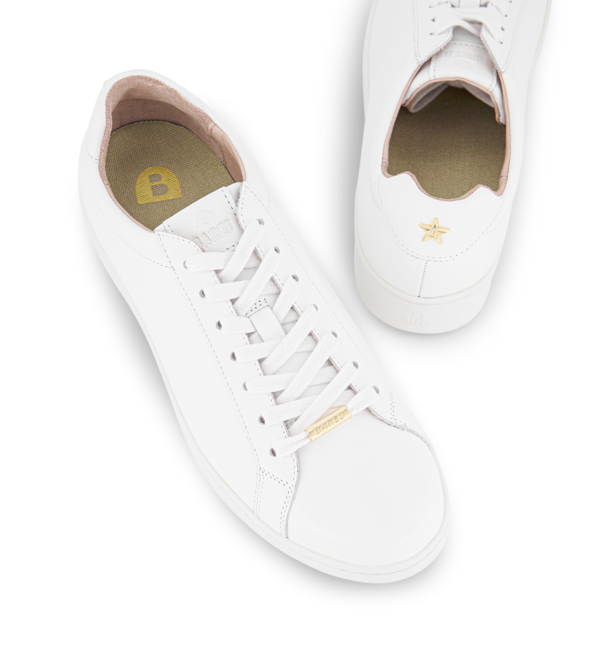 bared footwear white sneakers for women with gold star detail on the back