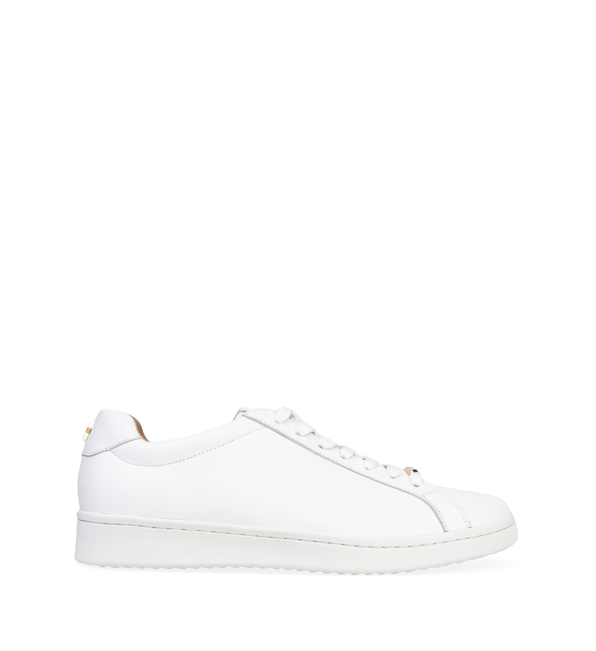 A white leather sneaker with gold star details on the back, shown from a side angle against a plain background.