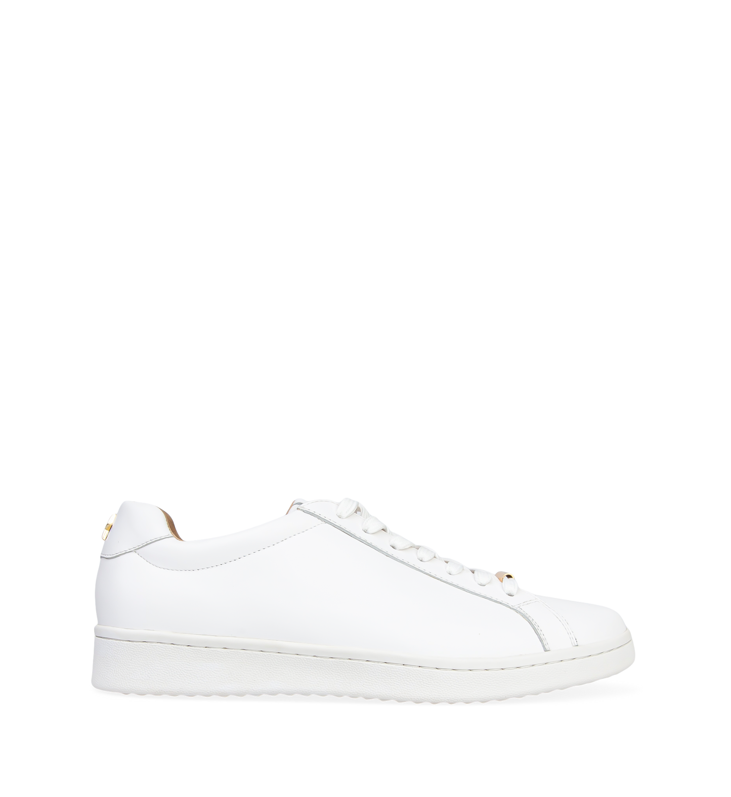 A white leather sneaker with gold star details on the back, shown from a side angle against a plain background.