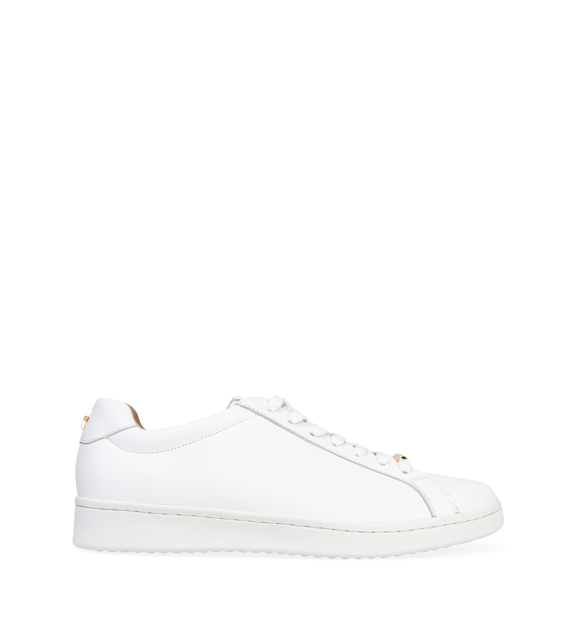 A white leather sneaker with gold star details on the back, shown from a side angle against a plain background.