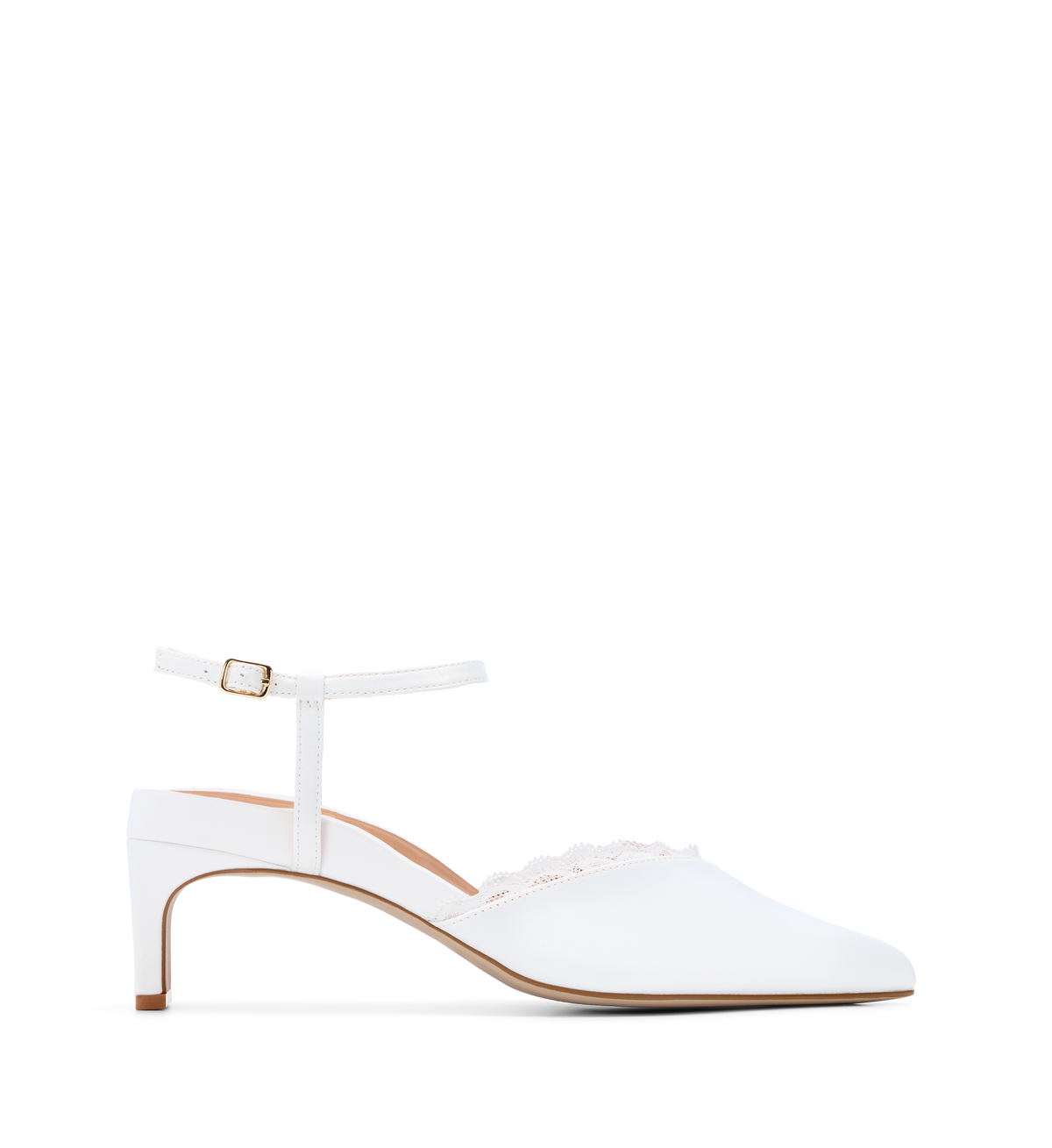 White pointed toe heel with a thin ankle strap and lace trim on a white background