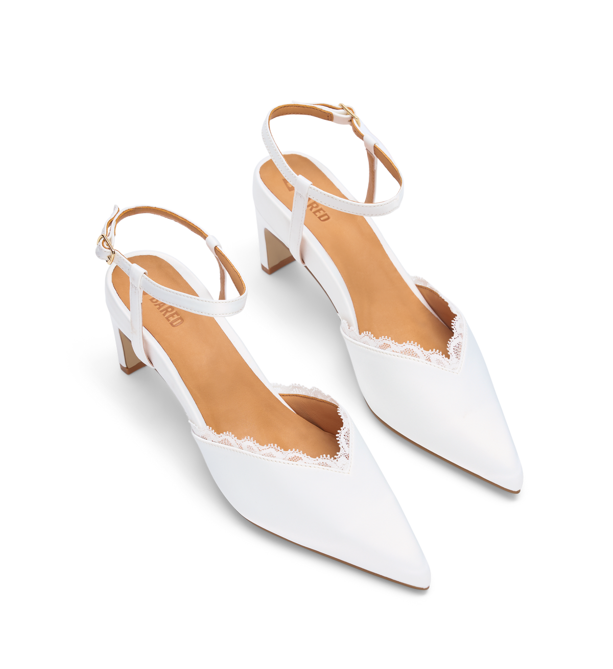 White pointed-toe wedding shoes on a white background