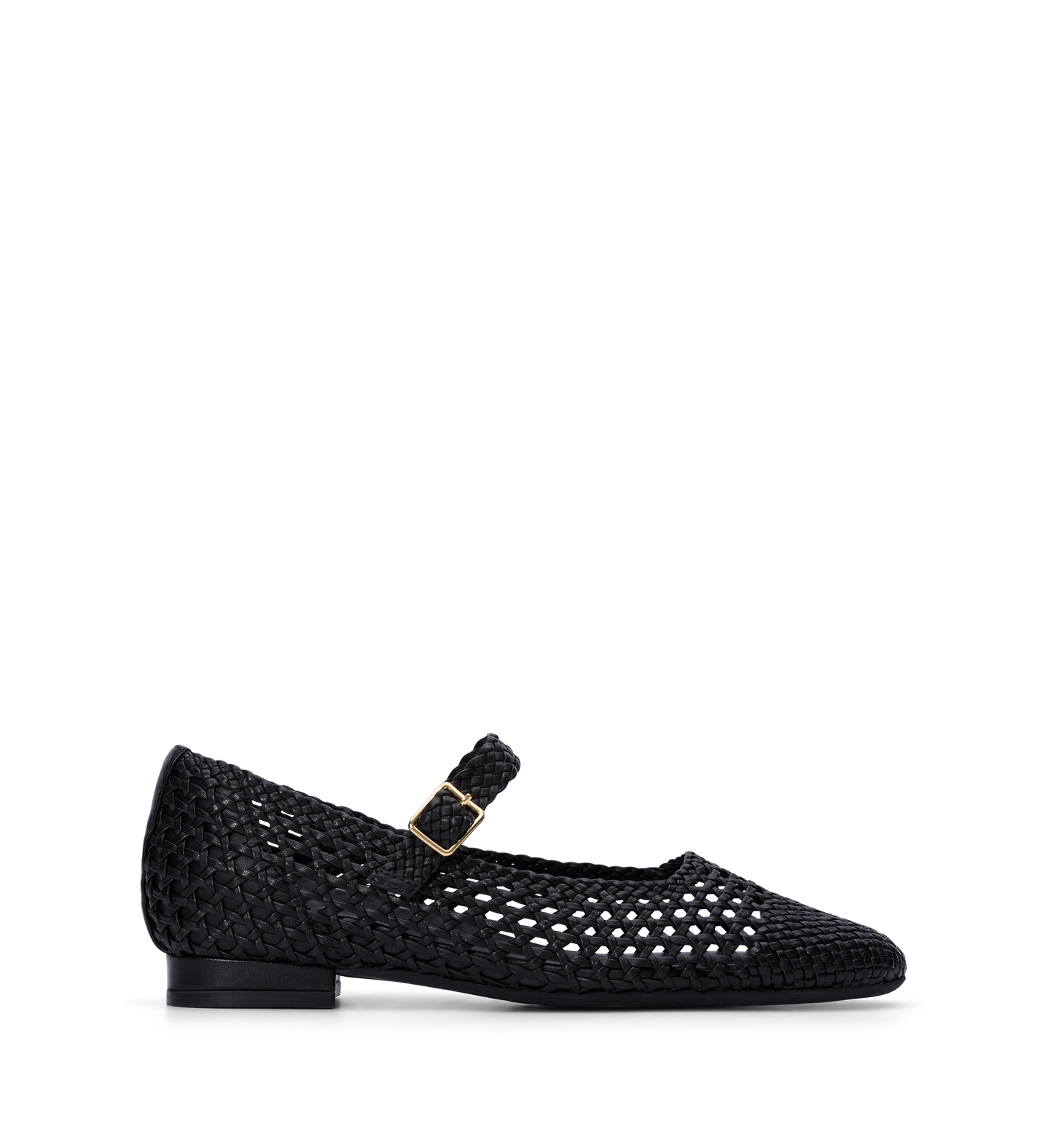 Black braided leather ballet flat with an adjustable buckle strap and a gold hardware detail on the front.