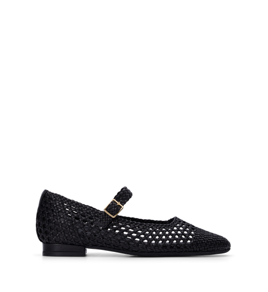 Black braided leather ballet flat with an adjustable buckle strap and a gold hardware detail on the front.