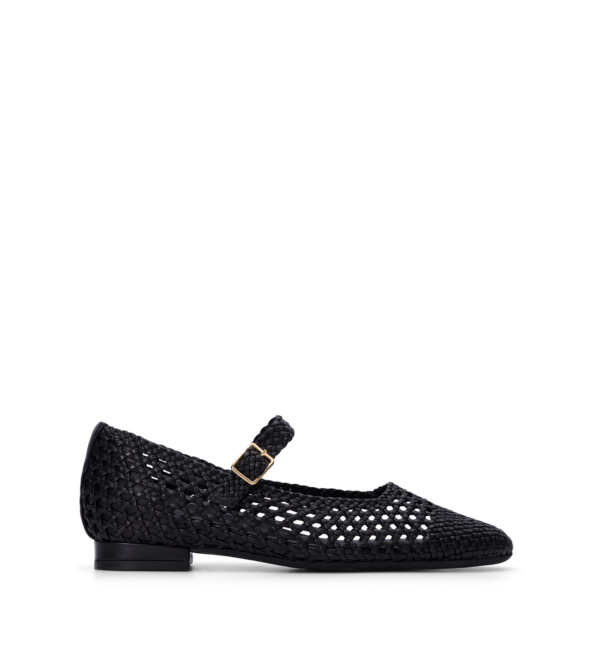 Black braided leather ballet flat with an adjustable buckle strap and a gold hardware detail on the front.