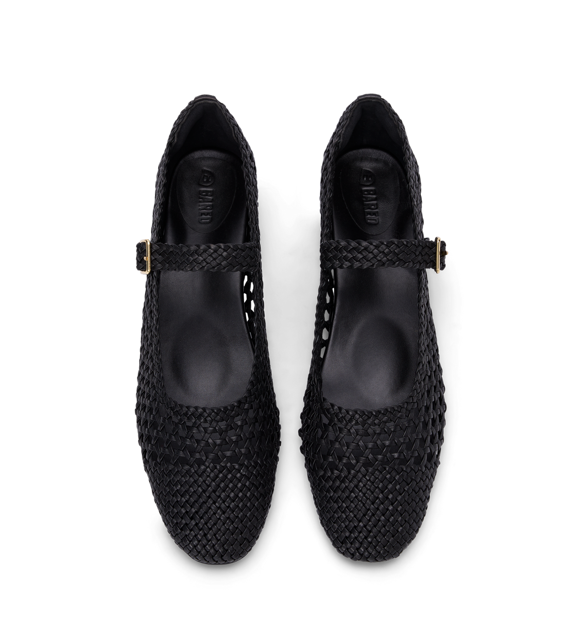 womens black woven leather ballet flats with gold buckles