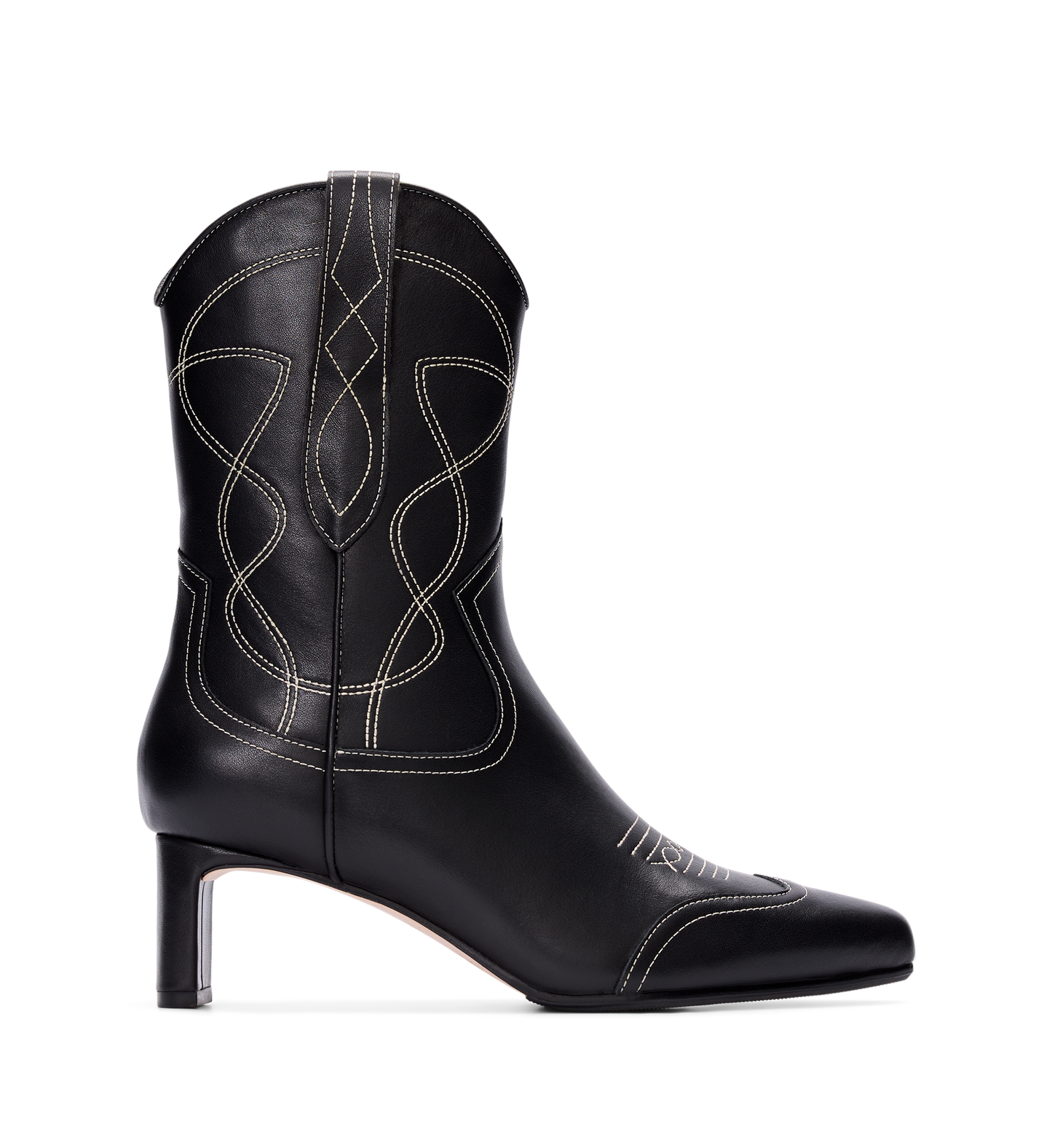Black leather western boots with a mid-height heel and decorative stitching.
