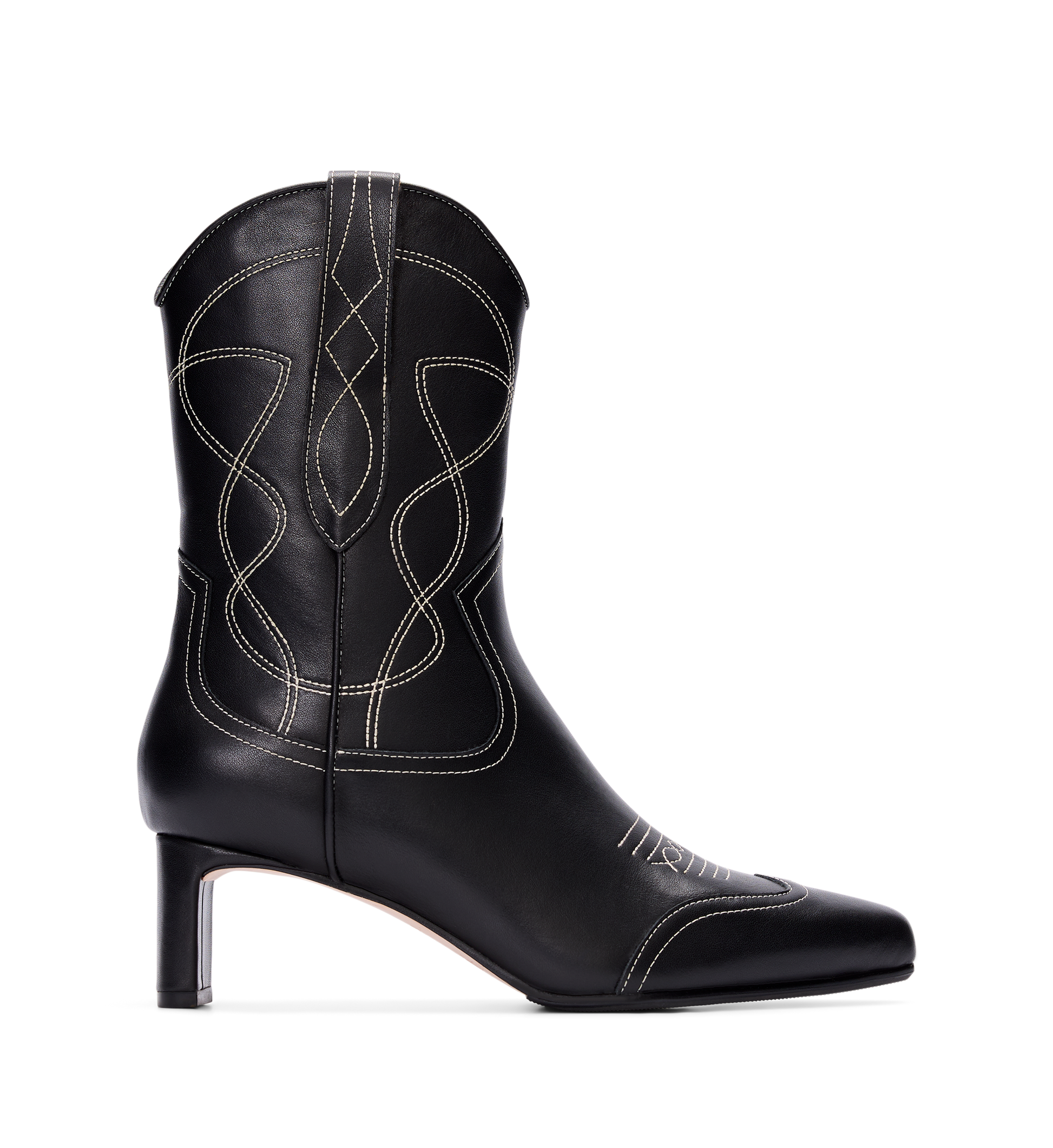 Black leather western boots with a mid-height heel and decorative stitching.