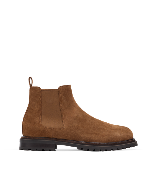 Brown suede Chelsea boot on a white background